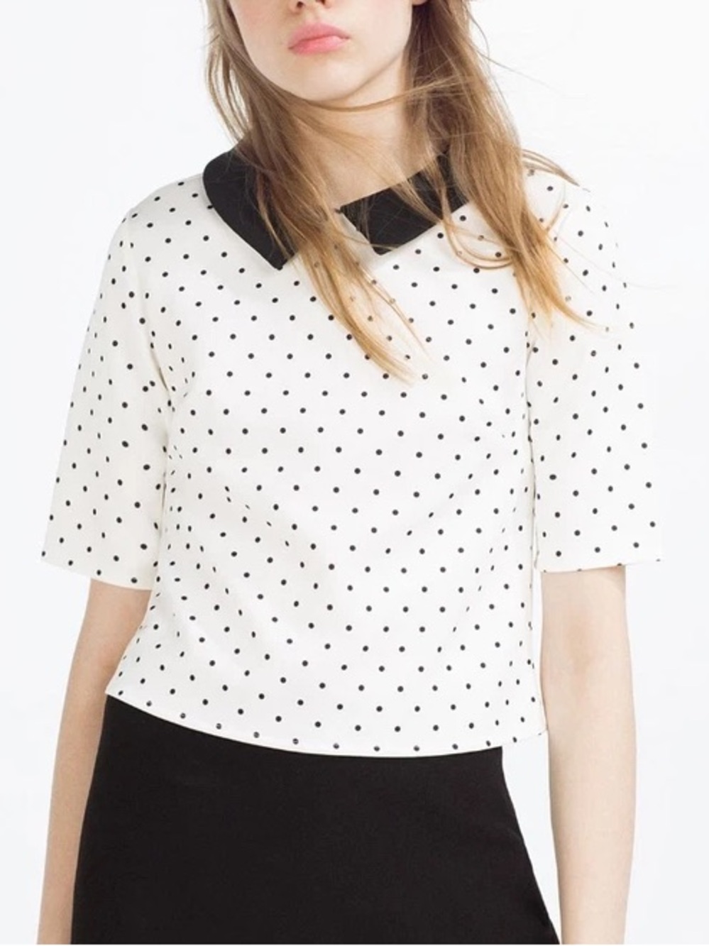 New Zara Black And White Collection Sz S Polka Dot Peter Pan Collar Top
